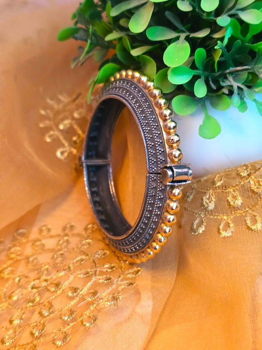 Antique Dual Tone Bangle Set for Women | Traditional Beaded Silver Replica Openable Kada Bangles (Pair)