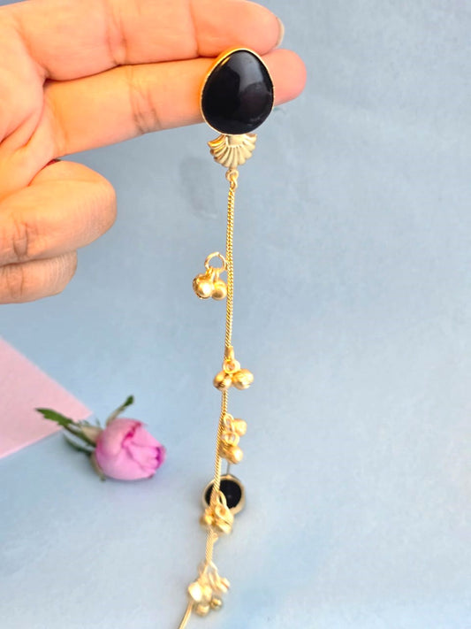 Black Onyx Long Chain Brass Earrings | Minimalist Antique Gold Drop Earrings for Women