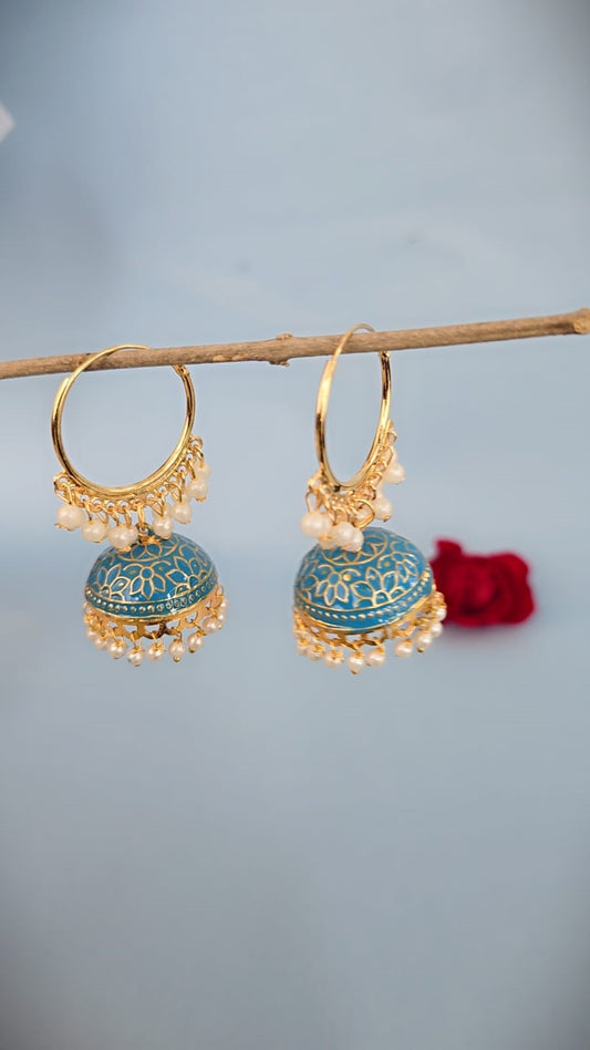 Blue Meenakari Pearl Drop Jhumka Earrings