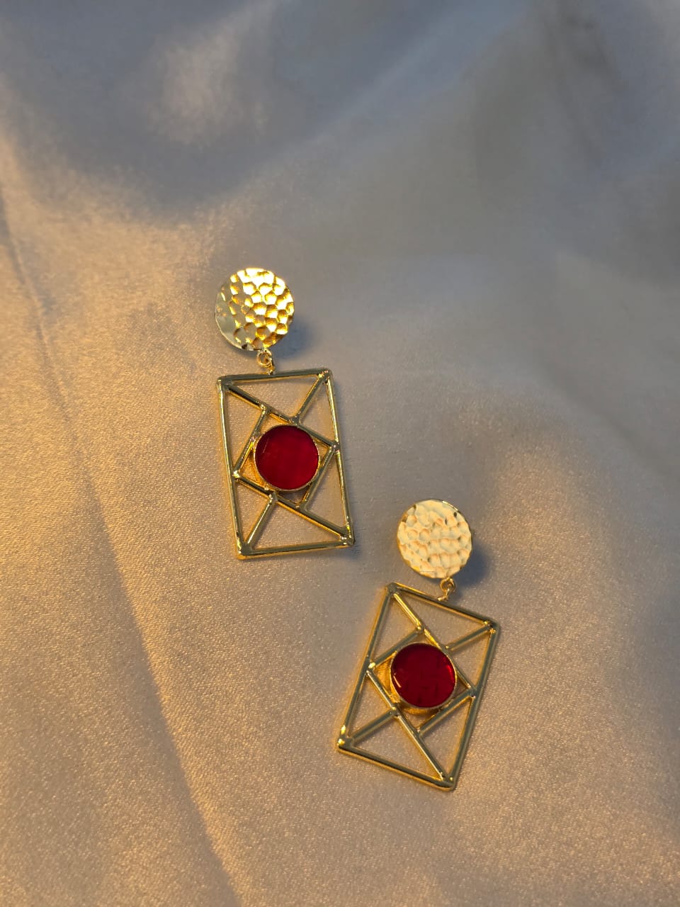 RavJyoti Gold-Toned Geometric Statement Earrings with Red Stone | Elegant Party & Festive Wear