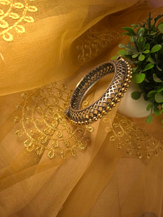 Dual Tone Gold Beaded Oxidized Silver Replica Single Bangle