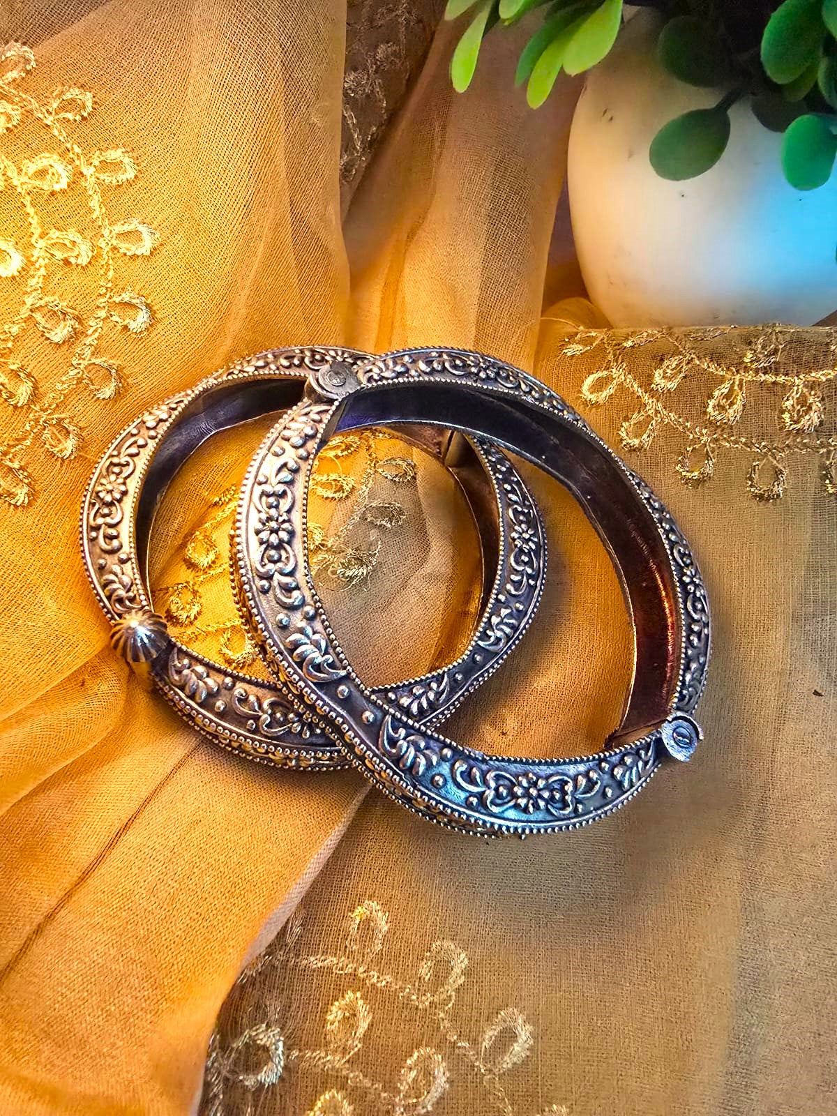 Dual Tone Silver Replica Openable Bangles in pair – Antique Gold & Oxidized Floral Engraved Kada Pair