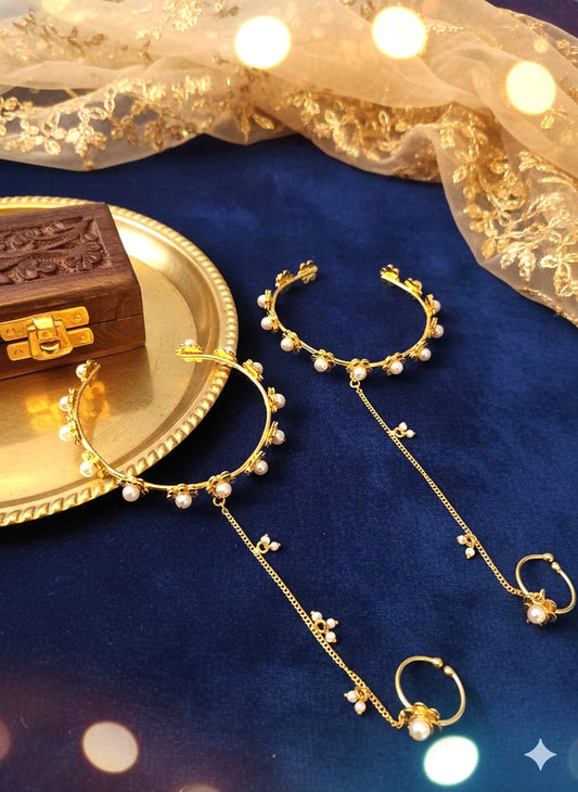 Elegant Pearl Chain Haathphool in Gold Finish | Traditional Bridal Hand Harness Jewellery