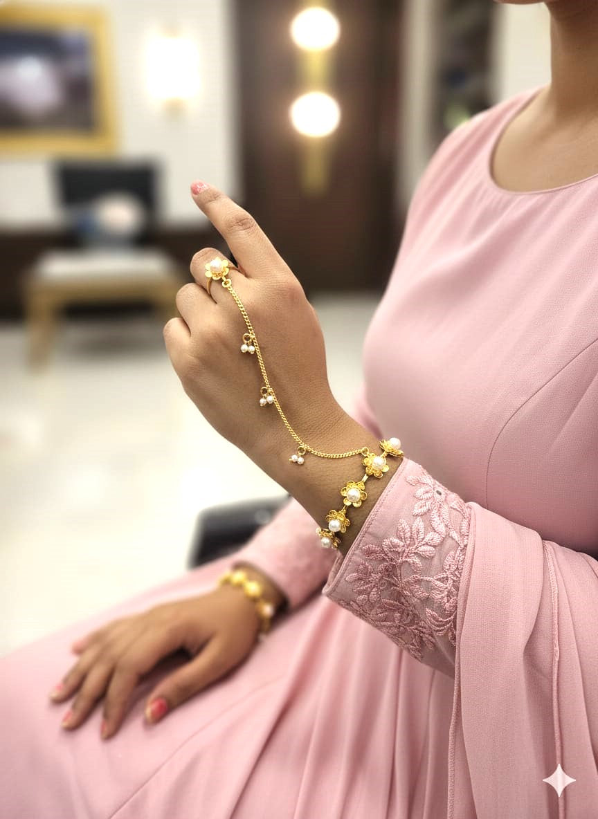Elegant Pearl Chain Haathphool in Gold Finish | Traditional Bridal Hand Harness Jewellery
