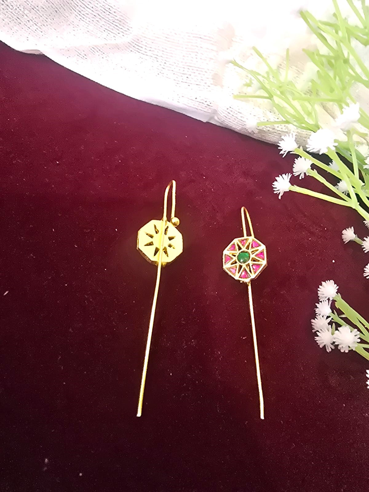 Geometric Kundan Ear Cuffs with Pink & Green Stones