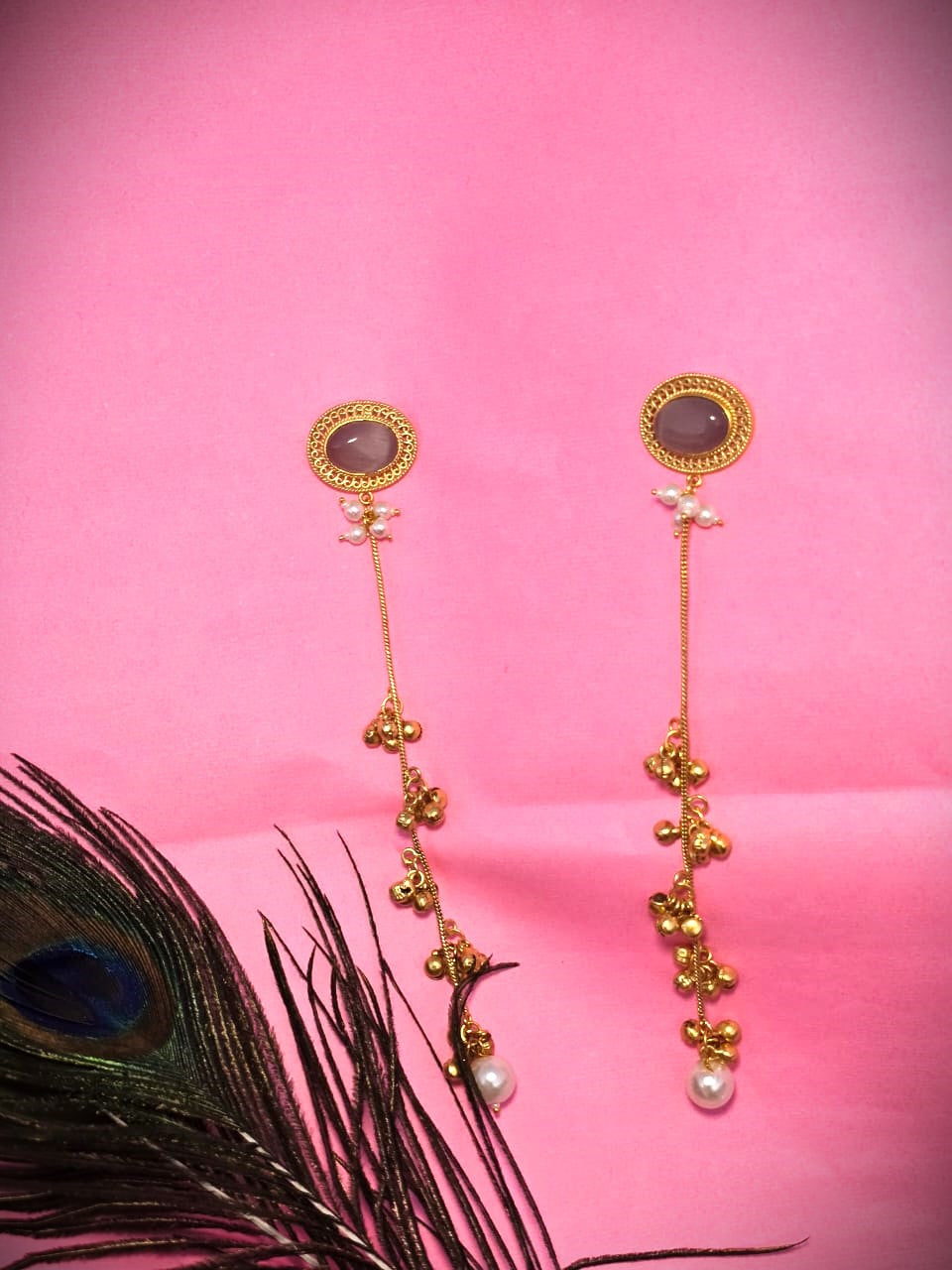 Gold-Plated Pearl Drop Long Dangler Earrings