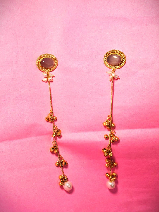 Gold-Plated Pearl Drop Long Dangler Earrings