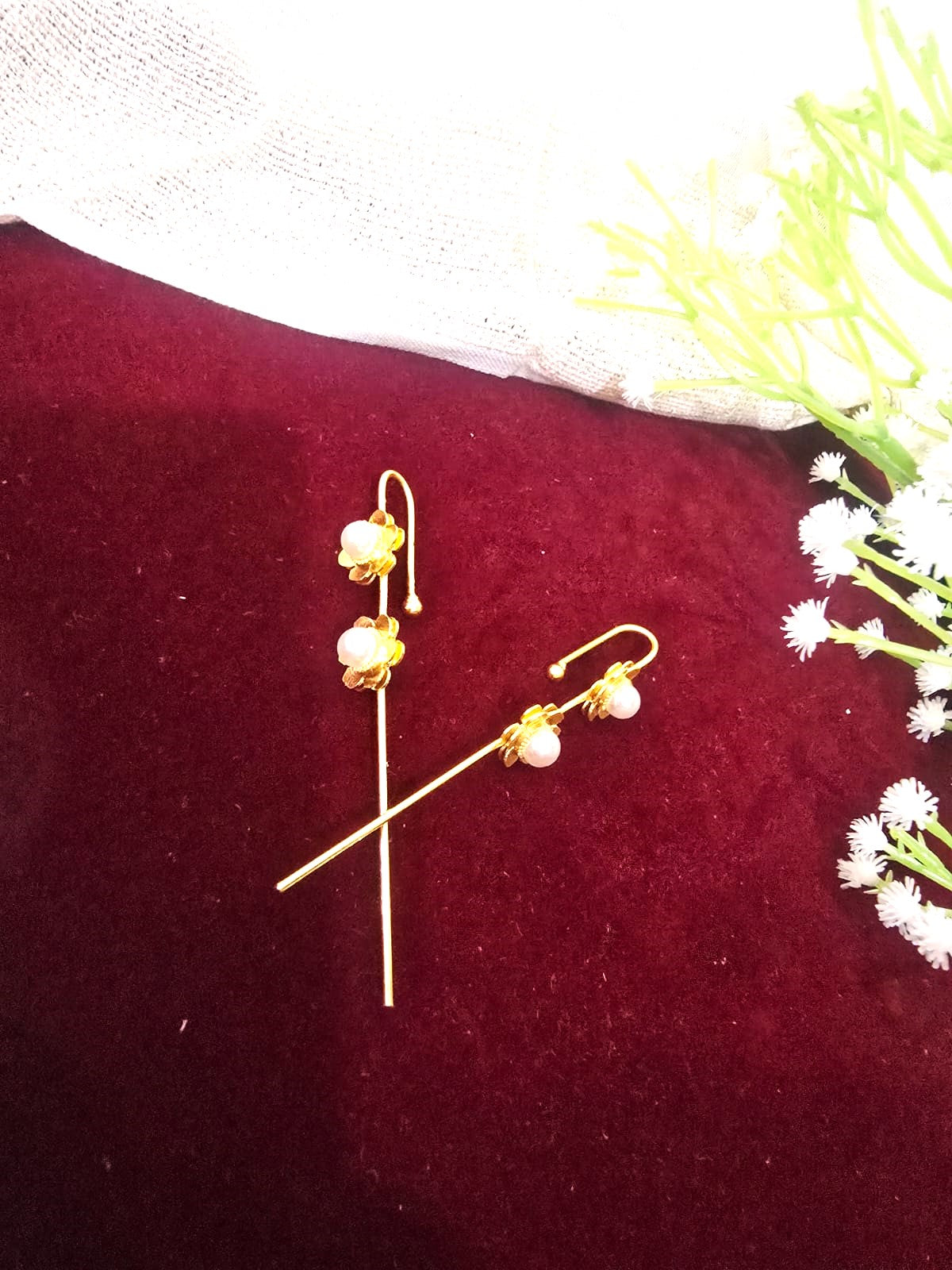 Gold-Tone Pearl Flower Ear Cuffs