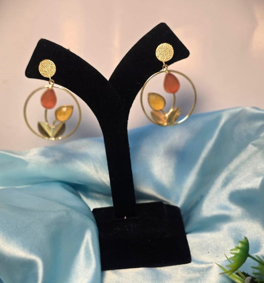 Gold Finish Artistic Hoop Drop Earrings with Multicolour Leaf Design for Women ,Modern Statement Earrings – RavJyoti