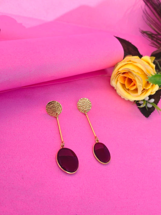Gold Finish Maroon Oval Stone Long Drop Earrings for Women | Elegant Minimal Designer Earrings – RavJyoti