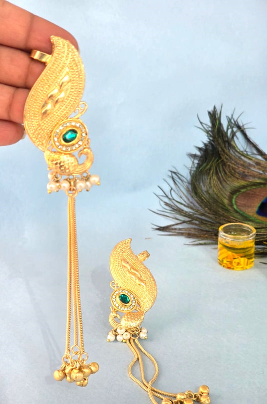Gold Finish Peacock Ear Cuff Earrings with Green Stone & Pearl Chains for Women ,Traditional Statement Earrings