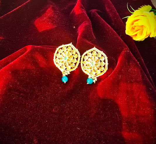 Gold Polish Kundan Stud Earrings with Blue Bead | Traditional Festive & Wedding Wear Earrings