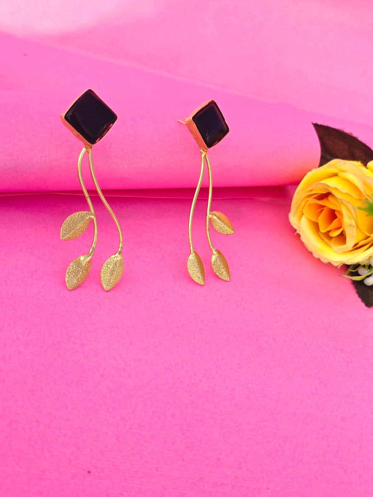 Gold Finish Black Stone Leaf Drop Earrings for Women | Elegant Nature Inspired Designer Earrings – RavJyoti