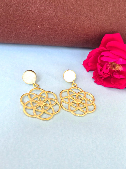 Gold Finish Geometric Floral Brass Dangle Earrings for Women | RavJyoti
