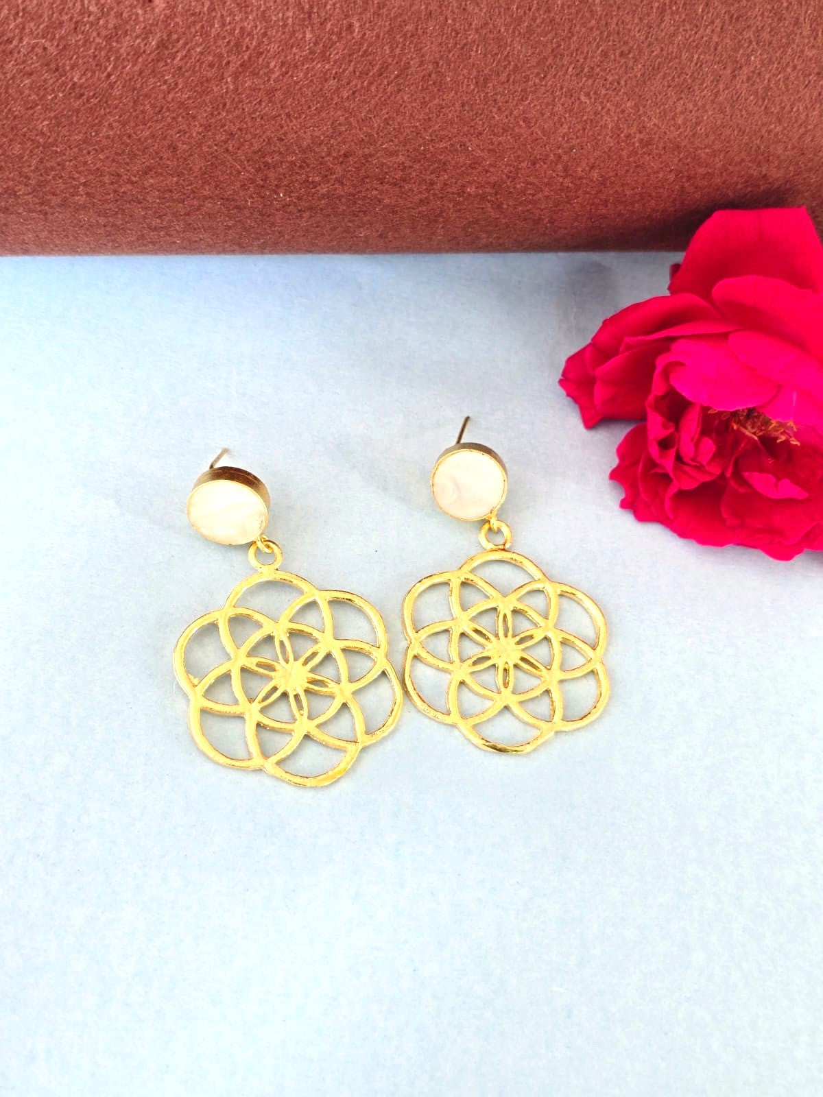 Gold Finish Geometric Floral Brass Dangle Earrings for Women | RavJyoti