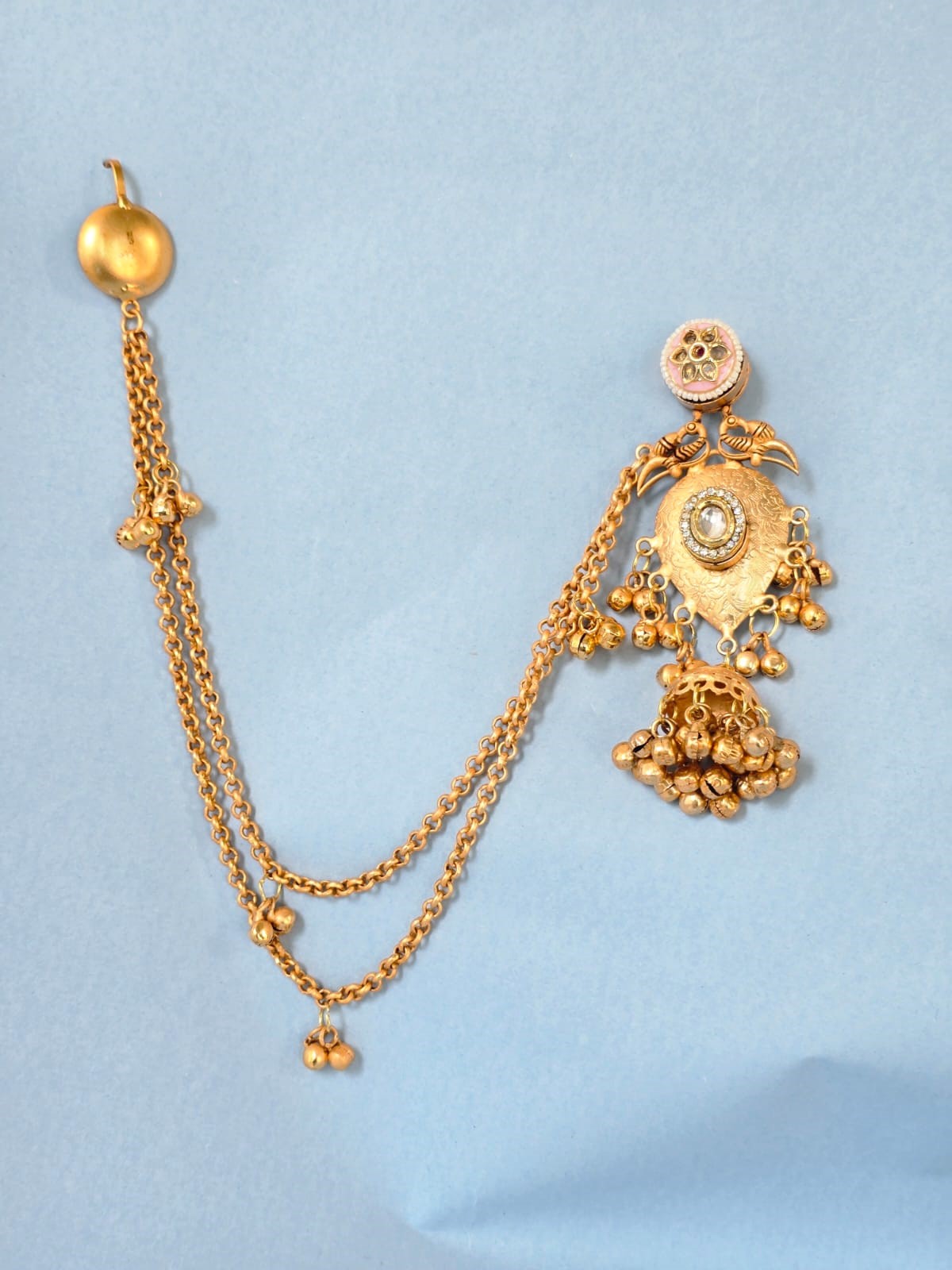 Gold Finish Kashmiri Style Jhumka Earrings with Ear Chain,Traditional Bridal Ethnic Earrings