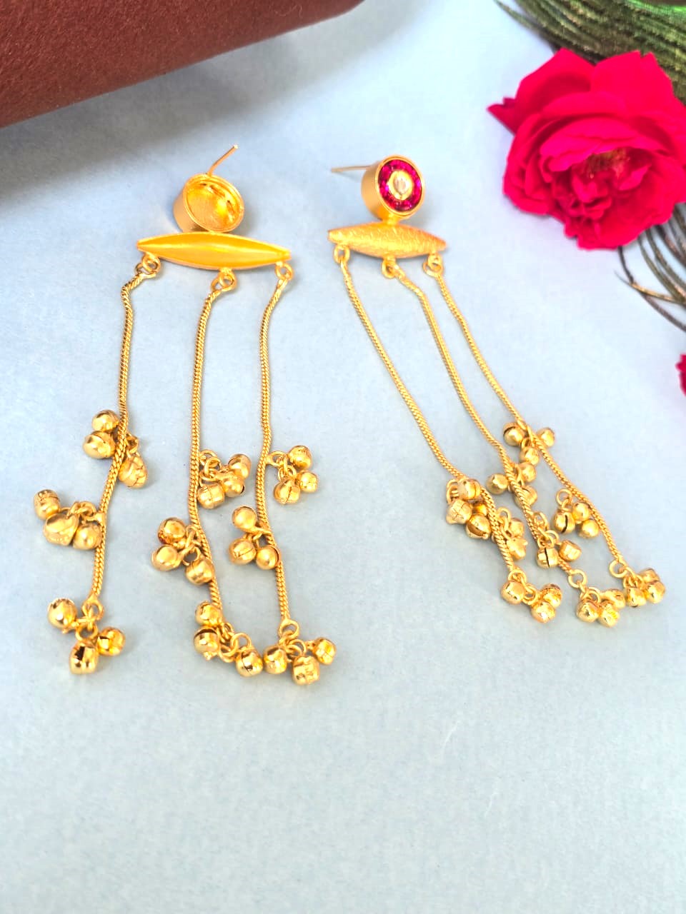 Gold Finish Kashmiri Style Long Drop Earrings,Traditional Ethnic Earrings