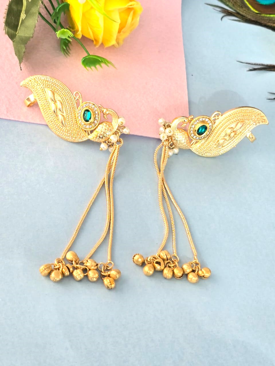 Gold Finish Peacock Ear Cuff Earrings with Green Stone & Pearl Chains for Women ,Traditional Statement Earrings