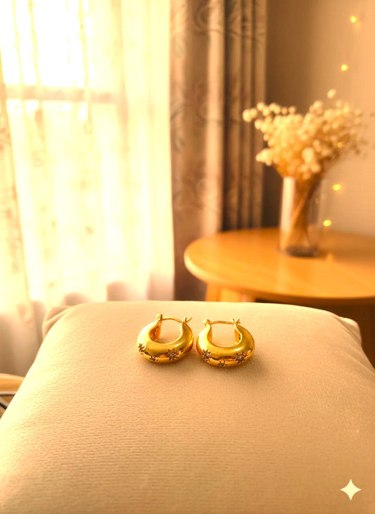 Gold Finish Star Detail Hoop Earrings