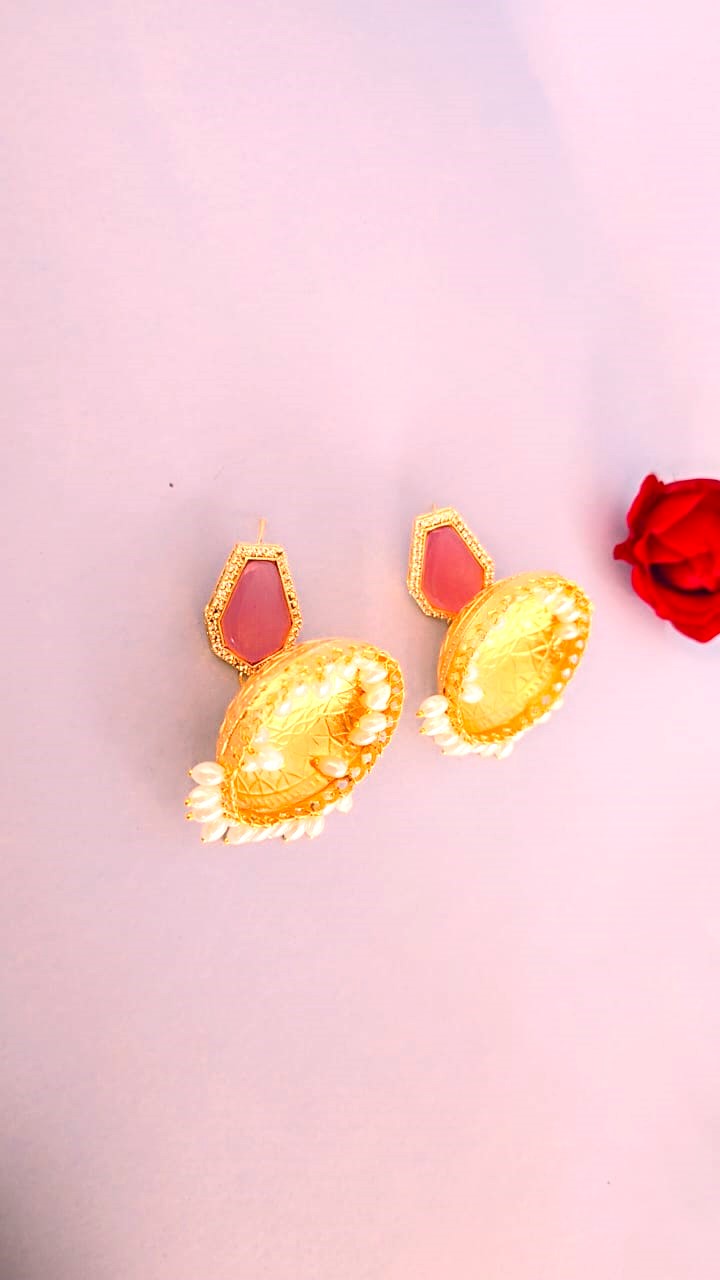 Traditional Jhumki Earrings with Pink Stone & Pearl Drops- Gold finish ethnic jewellery