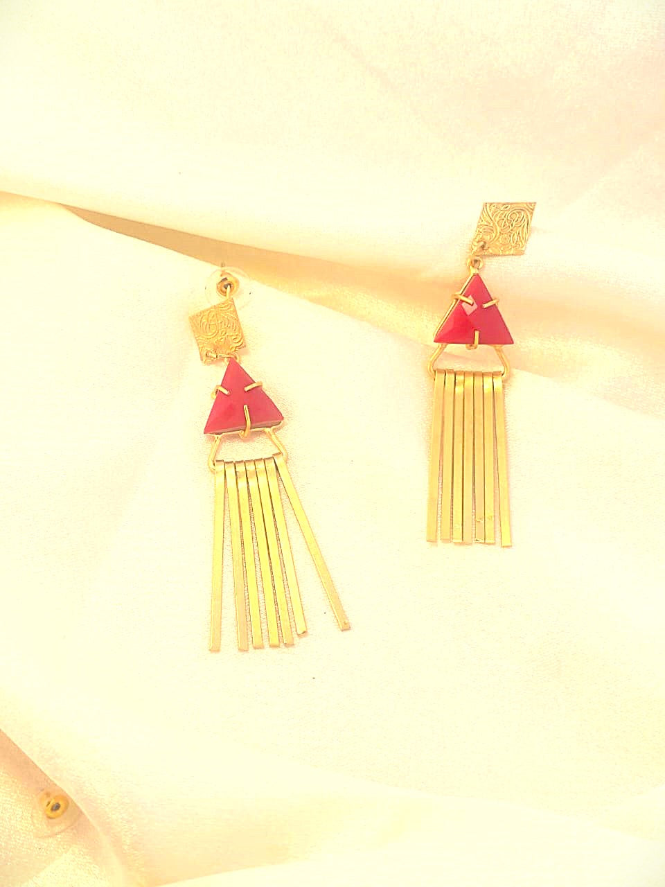 Gold Finish Triangle Tassel Earrings with Maroon Enamel – Elegant Statement Imitation Jewellery