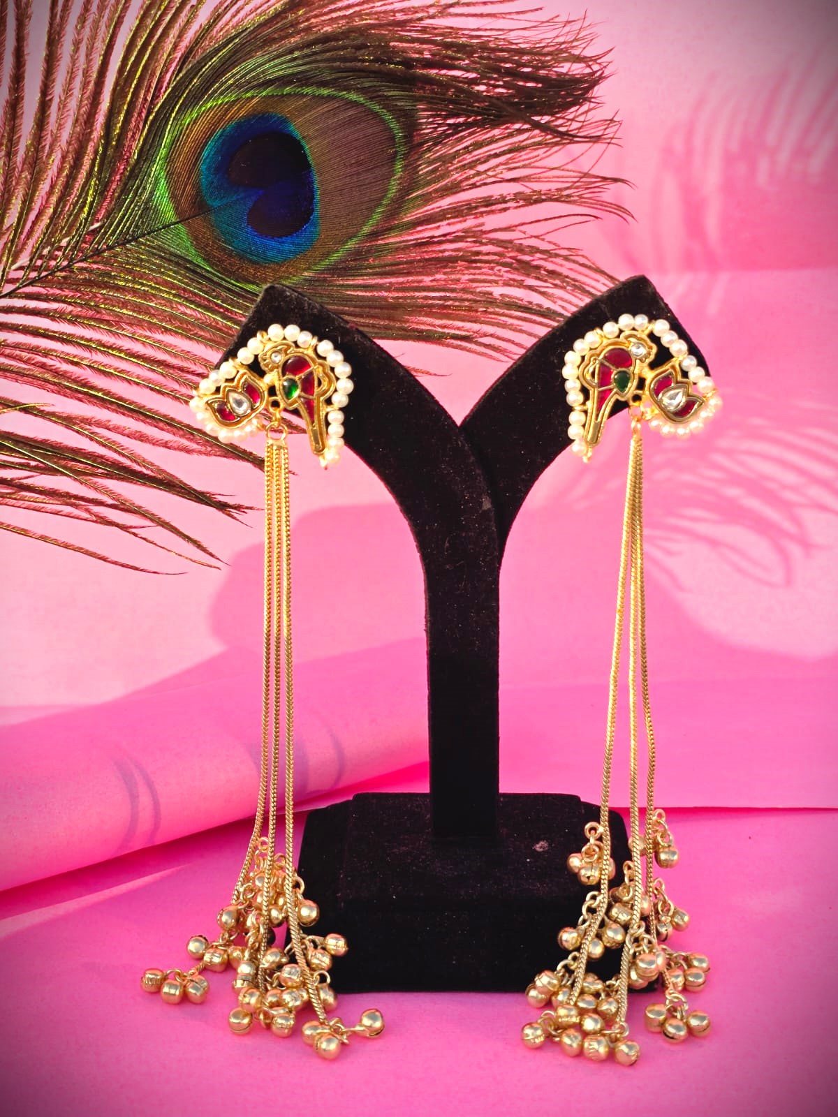 Gold Polish Long Dangle Earrings with Pearl Beads | Traditional & Festive Wear