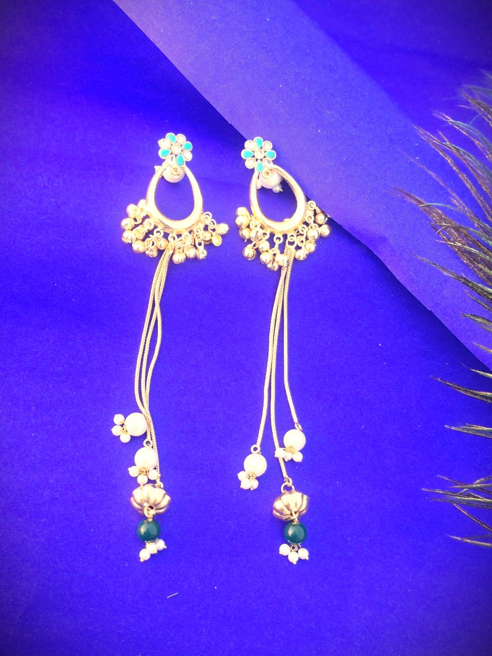 Gold Polish Long Dangle Earrings with Pearls & Green Beads | Elegant Festive & Wedding Wear Earrings