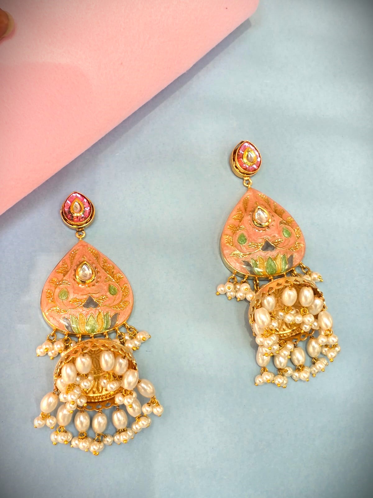 Gold Polish Meenakari Pearl Jhumka Earrings | Traditional & Festive Wear