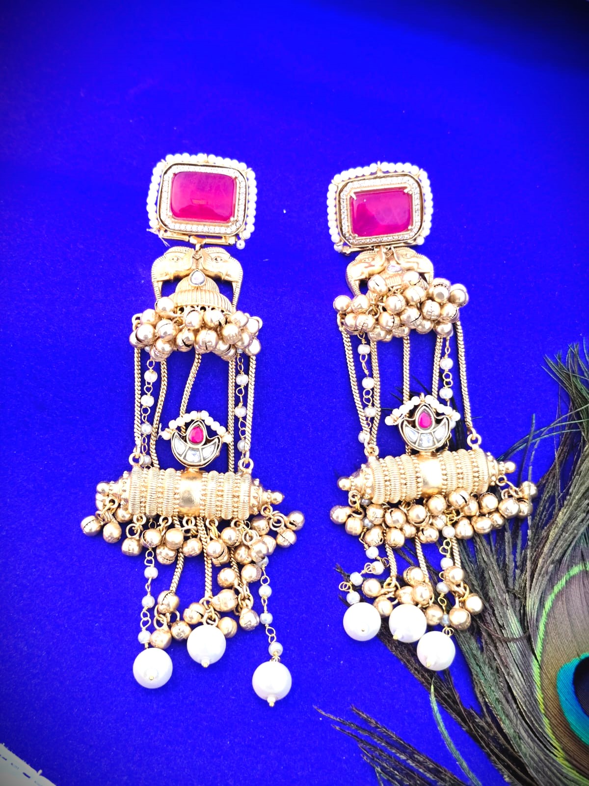 Gold Polish Ruby Long Dangle Earrings with Pearl Drops | Bridal & Statement Wear