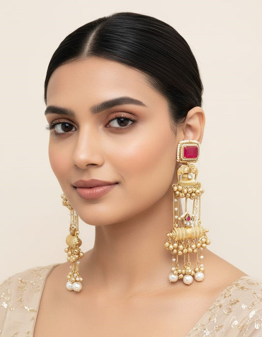Gold Polish Ruby Long Dangle Earrings with Pearl Drops | Bridal & Statement Wear