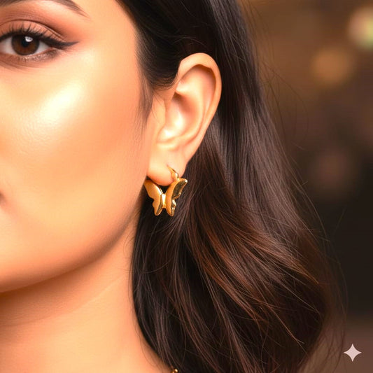 Golden Butterfly Hoop Earrings in Brass | Lightweight Statement Hoops by RavJyoti