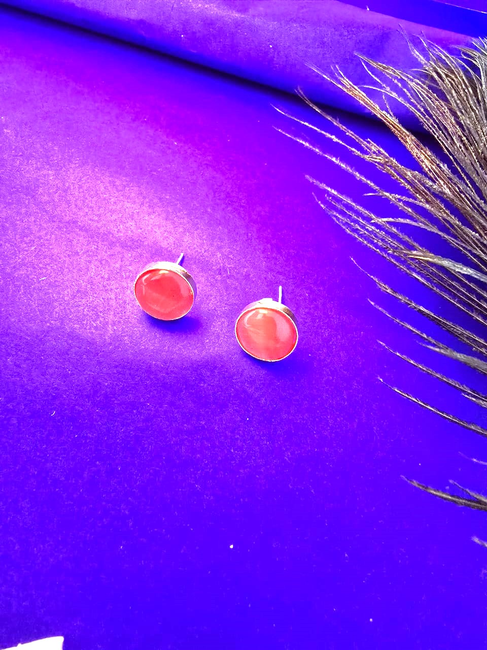 minimalist coral red stone stud earrings