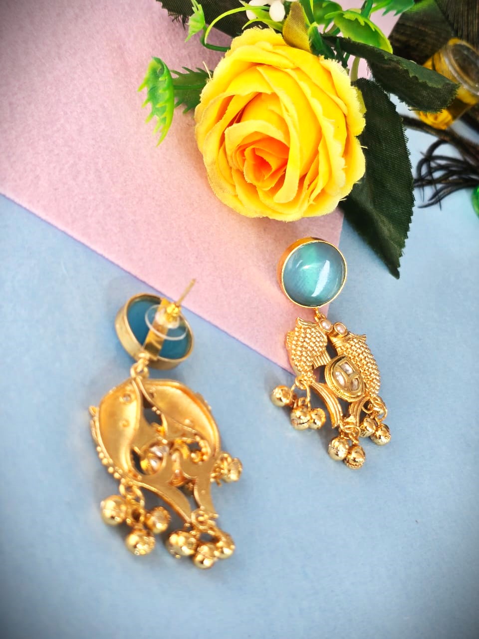 Mint Green Stone Gold-Plated Pearl Drop Earrings