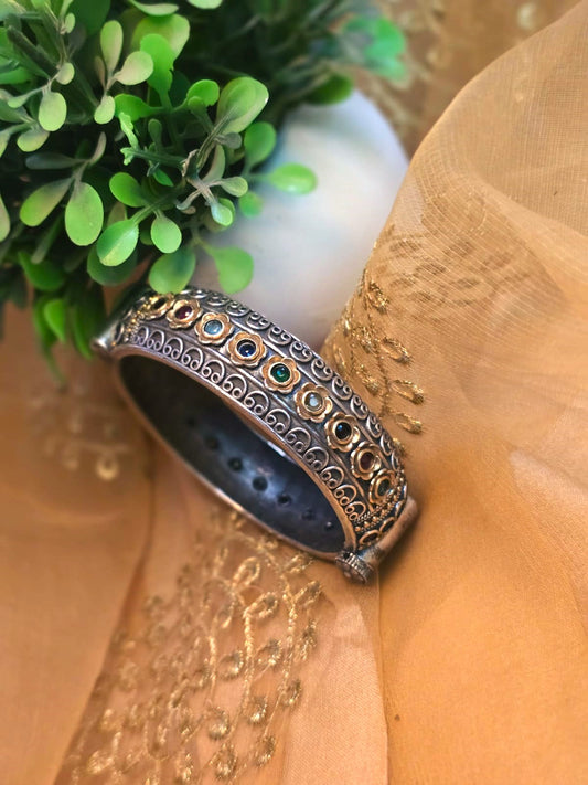 Oxidised Silver Multi-Stone Openable Kada Bangle ( single piece )