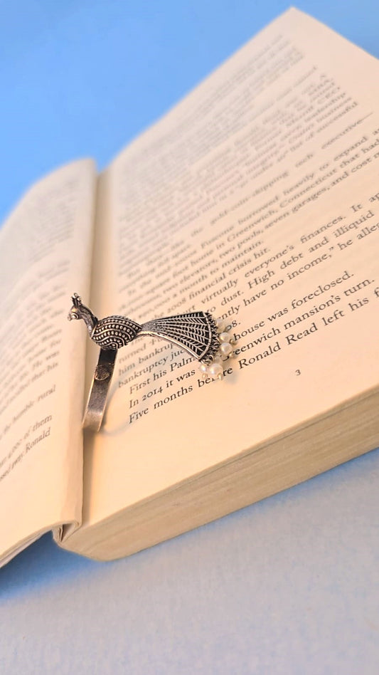 Oxidized Silver Peacock Ring for Women with Pearl Drops