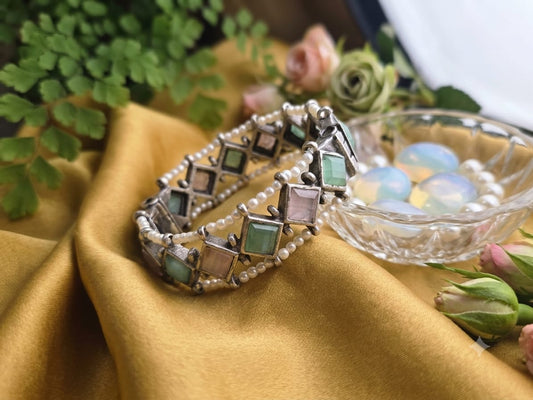 Pastel Stone Pearl Border Designer Bangle (in pair)