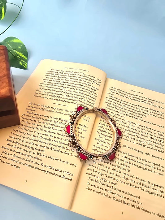 Pink Stone Silver Replica Kada Bangle in pair with Ghungroo Detailing - Ravjyoti