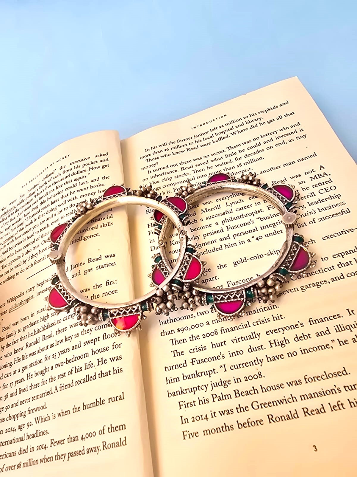 Pink Stone Silver Replica Kada Bangle in pair with Ghungroo Detailing - Ravjyoti