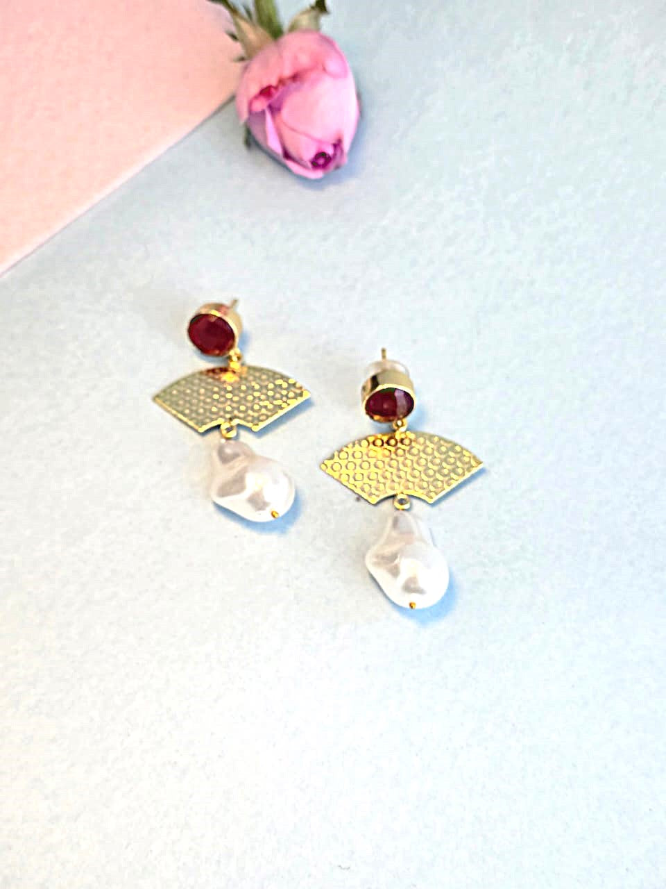 Red Stone Pearl Drop Brass Party Wear Earrings