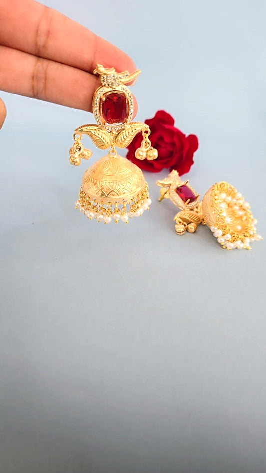Red Stone Traditional Gold Finish Jhumki Earrings