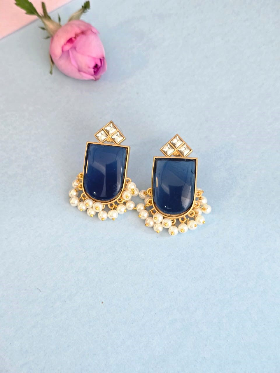 Royal Blue Pearl Drop Earrings in Gold Finish | Handcrafted Statement Earrings