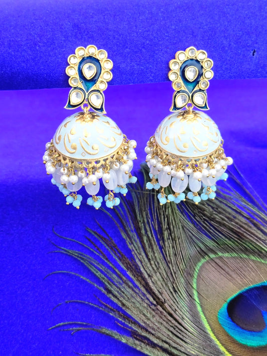 Royal Gold Finish Mint & Pearl JhumkI Earrings - Traditional ethnic jhumka