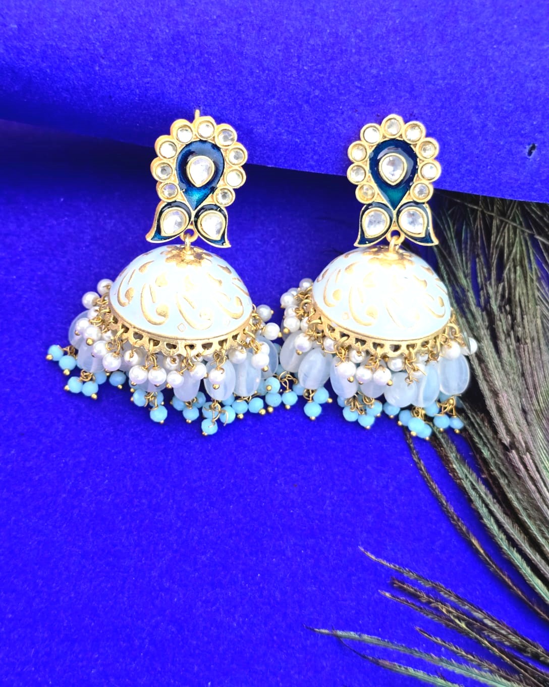 Royal Gold Finish Mint & Pearl JhumkI Earrings - Traditional ethnic jhumka