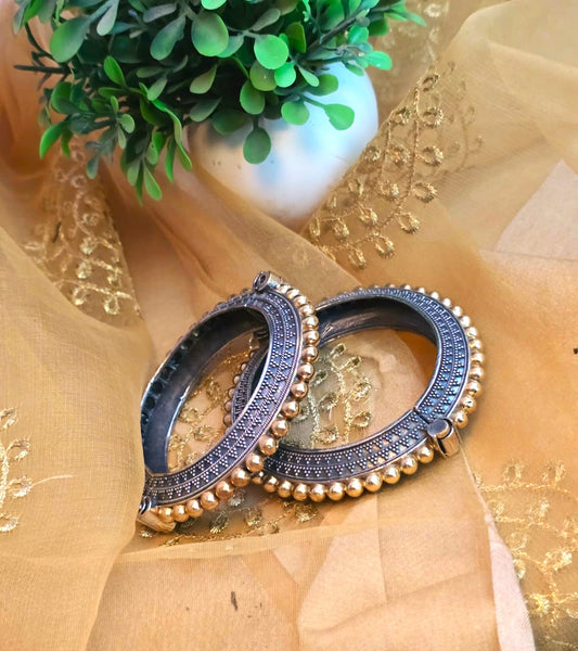 Antique Dual Tone Bangle Set for Women | Traditional Beaded Silver Replica Openable Kada Bangles (Pair)