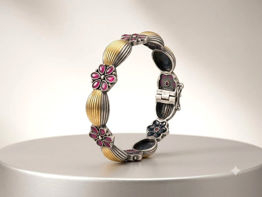Antique Dual Tone Floral Stone Bangle Set