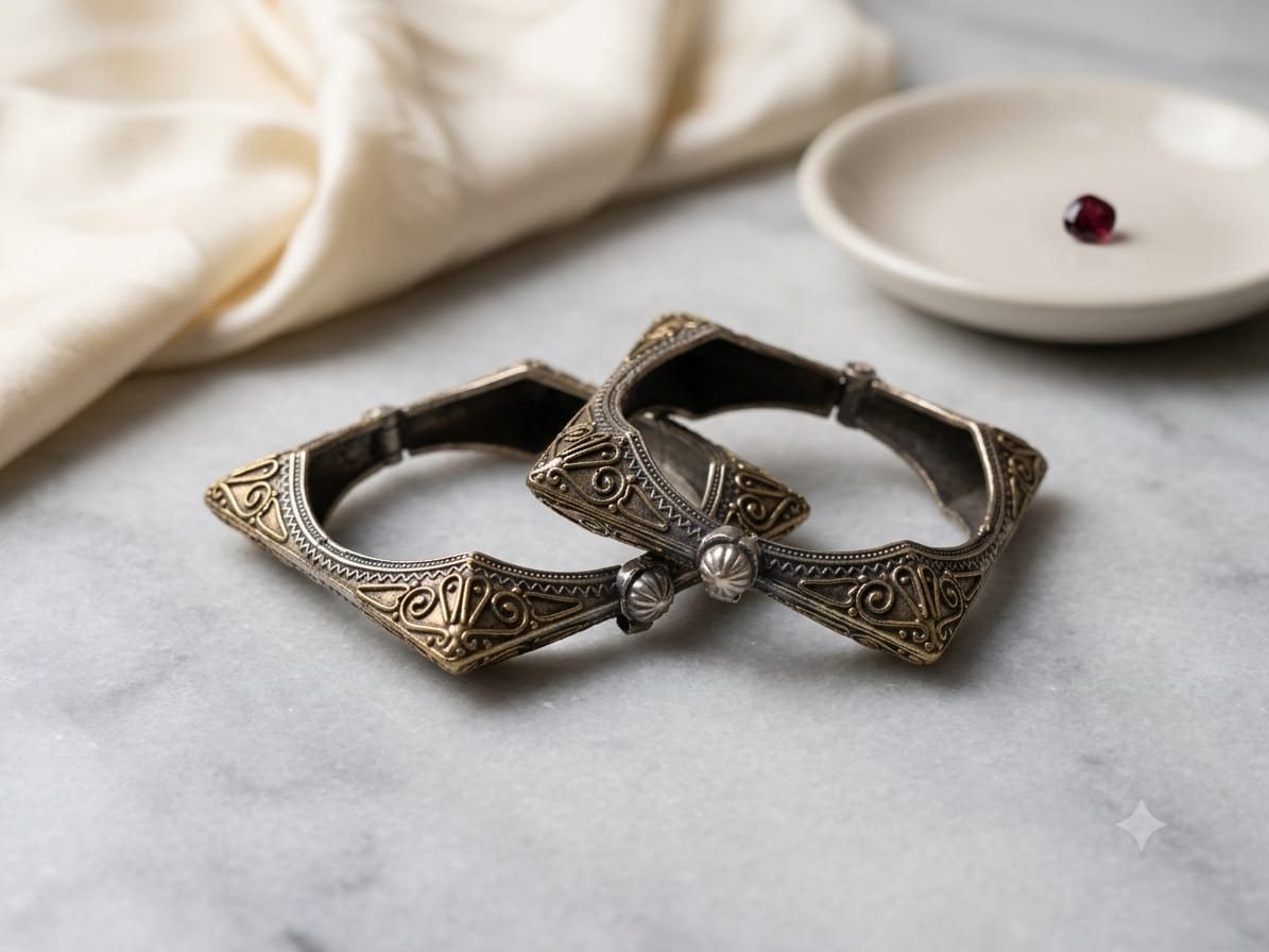 Antique Dual Tone Silver & Gold Designer Bangle Pair