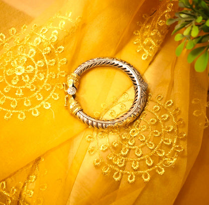 Antique Elephant Head Single Kada Bangle for Women | Dual Tone Twisted Silver Replica Openable Statement Bangle