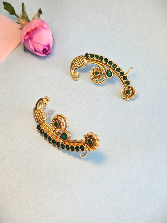 Antique Gold Green Stone Brass Ear Cuffs | Traditional Temple Style Ear Cuffs for Women