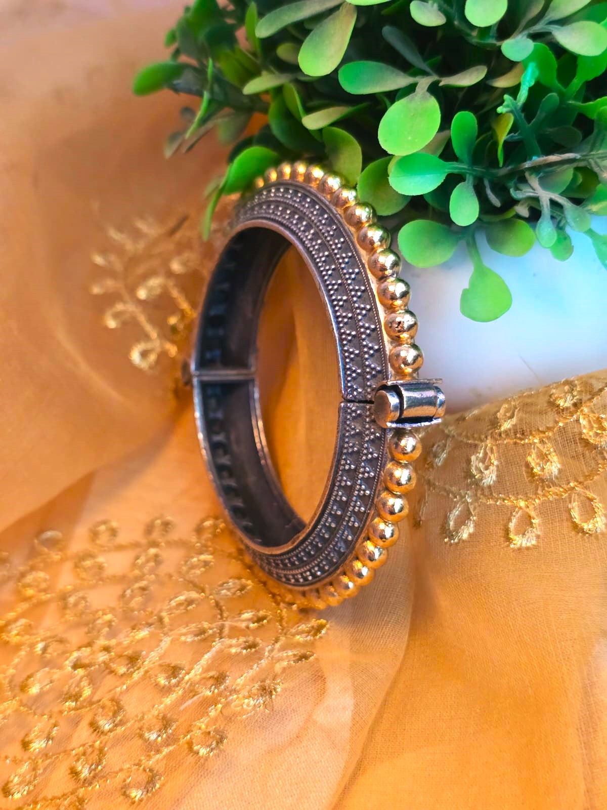 Antique Dual Tone Bangle Set for Women | Traditional Beaded Silver Replica Openable Kada Bangles (Pair)