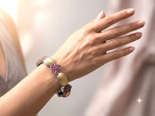 Antique Dual Tone Floral Stone Bangle Set